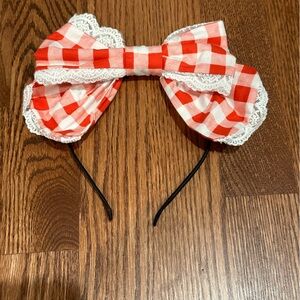 Headband with red & white gingham fabric and lace trim bow handmade